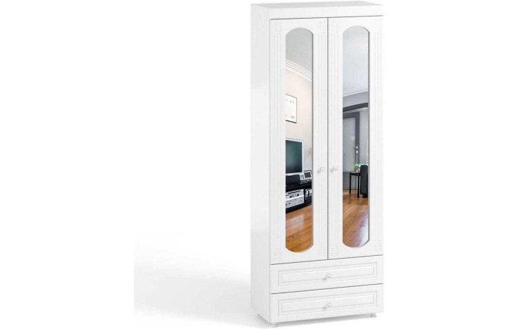 Шкаф 2-х дверный с зеркалами и ящиками (гл.410) Афина АФ-45 белое дерево