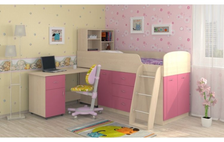 Детская кровать-чердак Дюймовочка-1, Дуб молочный /Розовый