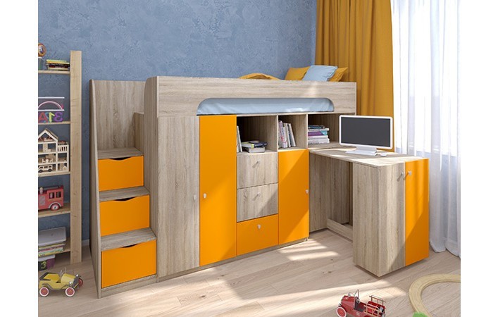 Кровать чердак Астра 11 Сонома/Оранжевый