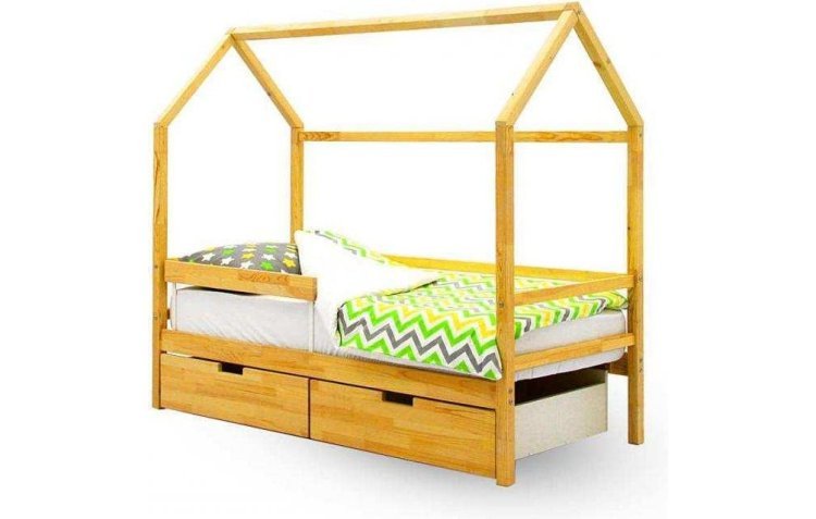 Детская кровать-домик Бельмарко Svogen натура (без покрытия) с ящиками и бортиком