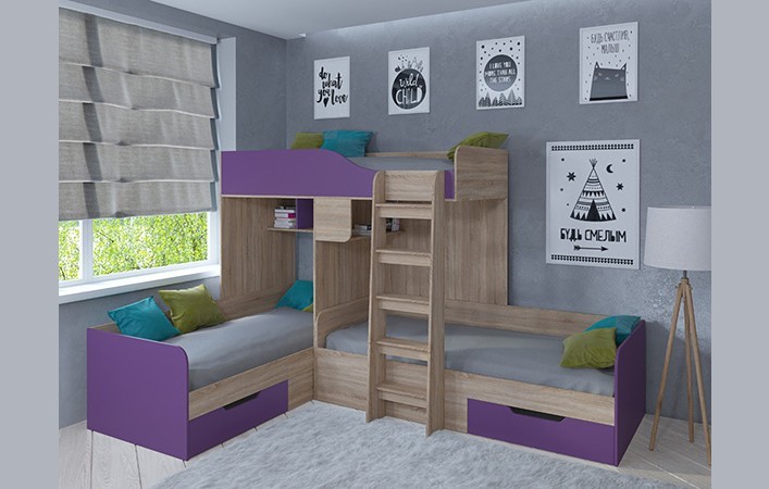 Кровать двухъярусная Трио Сонома/Фиолетовый